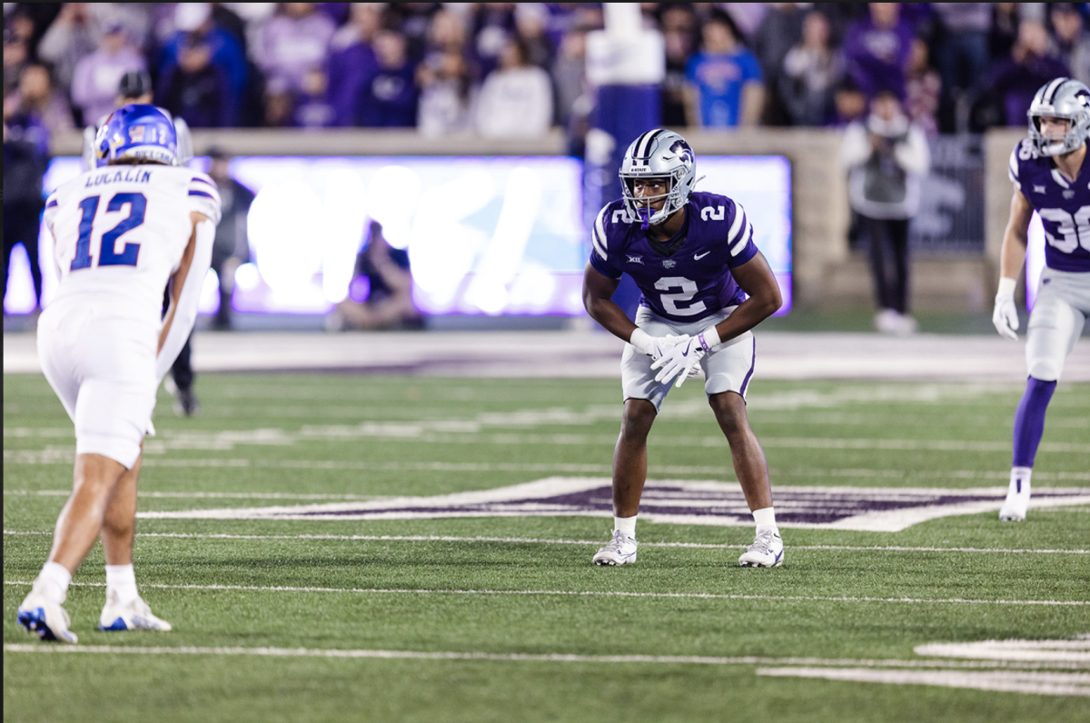 Safety Colby McCalister lines up for a play against Kansas in the 2024 Sunflower Showdown. K-State won 29-27 to extend its winning streak over KU to 16 games. (Photo courtesy of K-State Athletics)